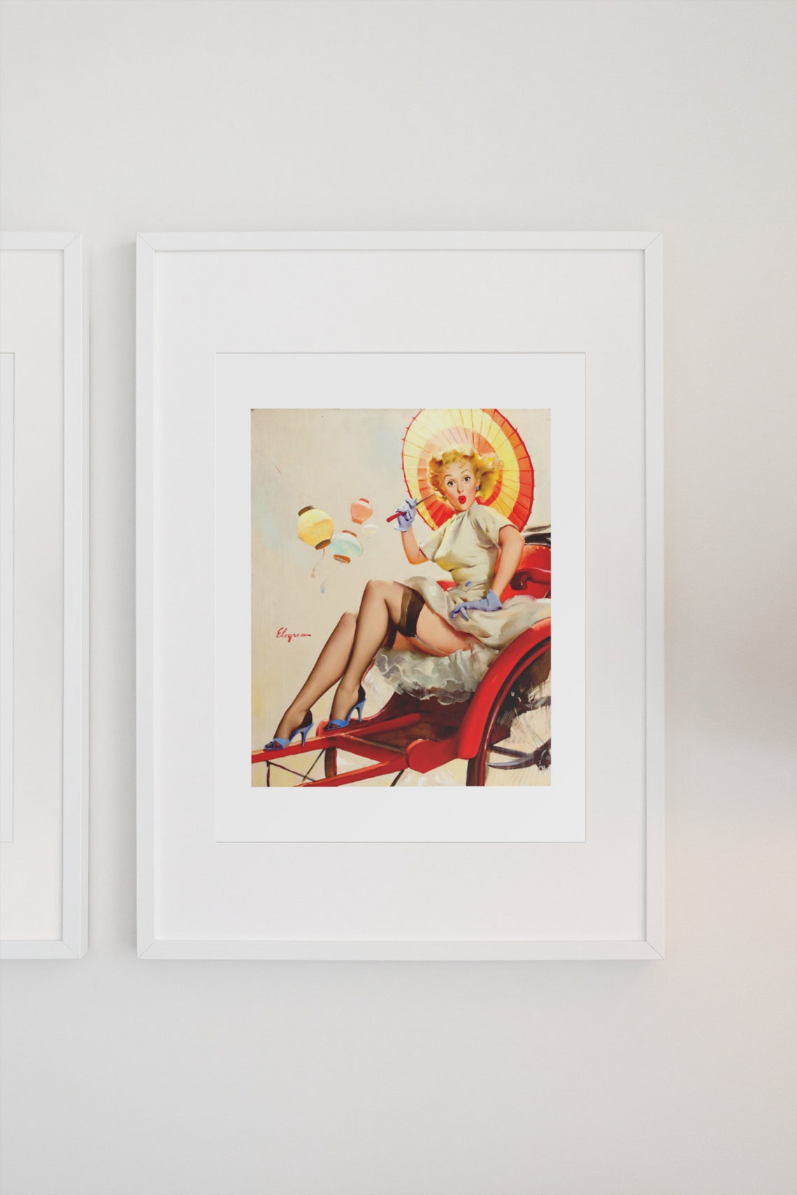 Elvgren Pin Up Girl Rickshaw Ride Parasol Lanterns Vintage Poster - Image 3