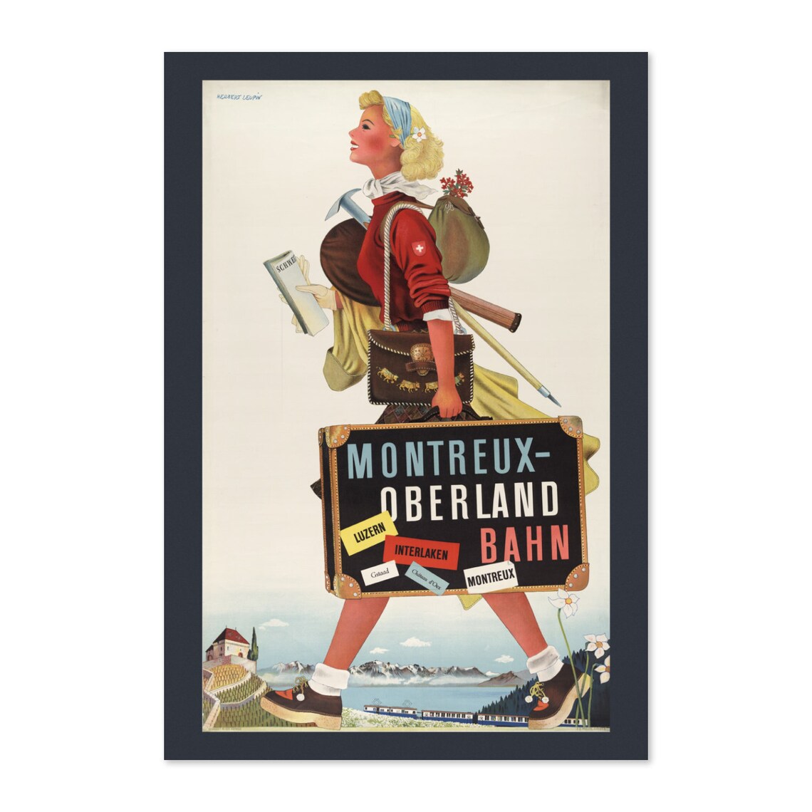 Montreux Oberland Bahn Swiss Railway Hiker Vintage Travel Poster