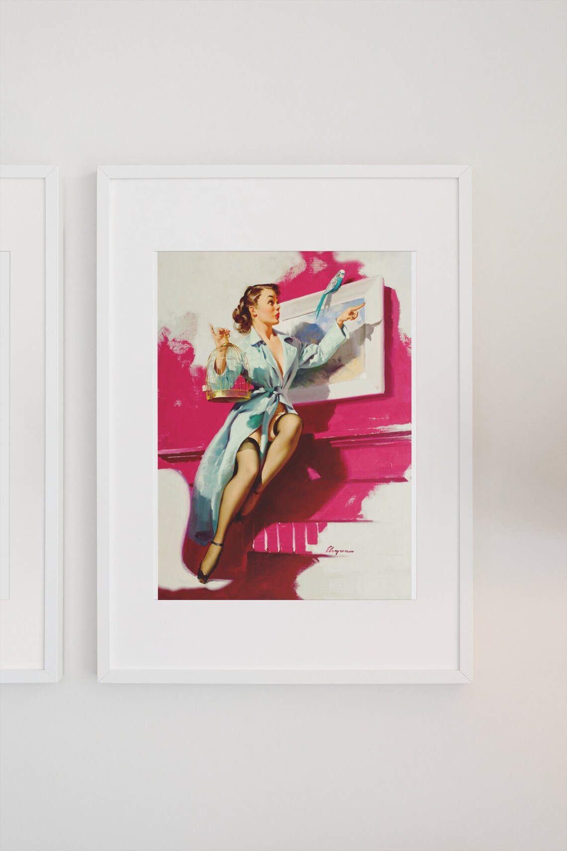 Elvgren Pretty Cagey Pin Up Girl Birdcage Parakeet Vintage Art Poster - Image 3