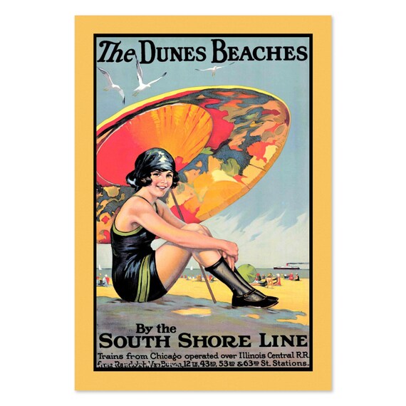 The Dunes Beaches Vintage South Shore Line Railway Travel Poster
