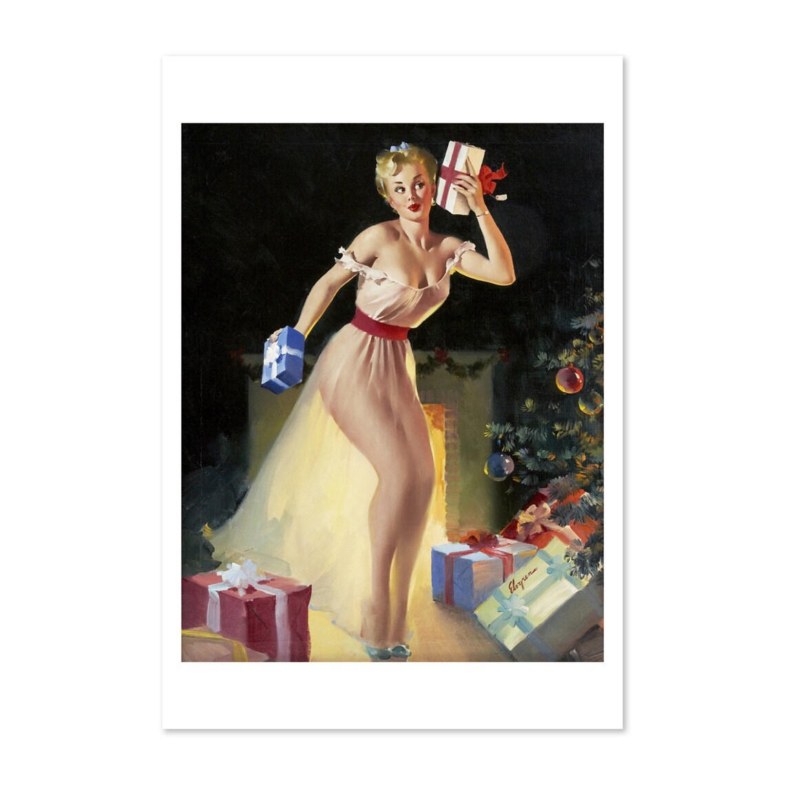 Gil Elvgren A Christmas Eve Nightgown Tree Gifts Holiday Poster
