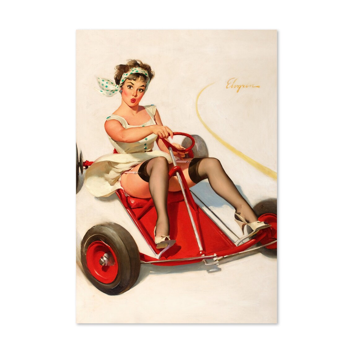 Gil Elvgren Curving Around Go Cart Racing Pin Up Girl Poster