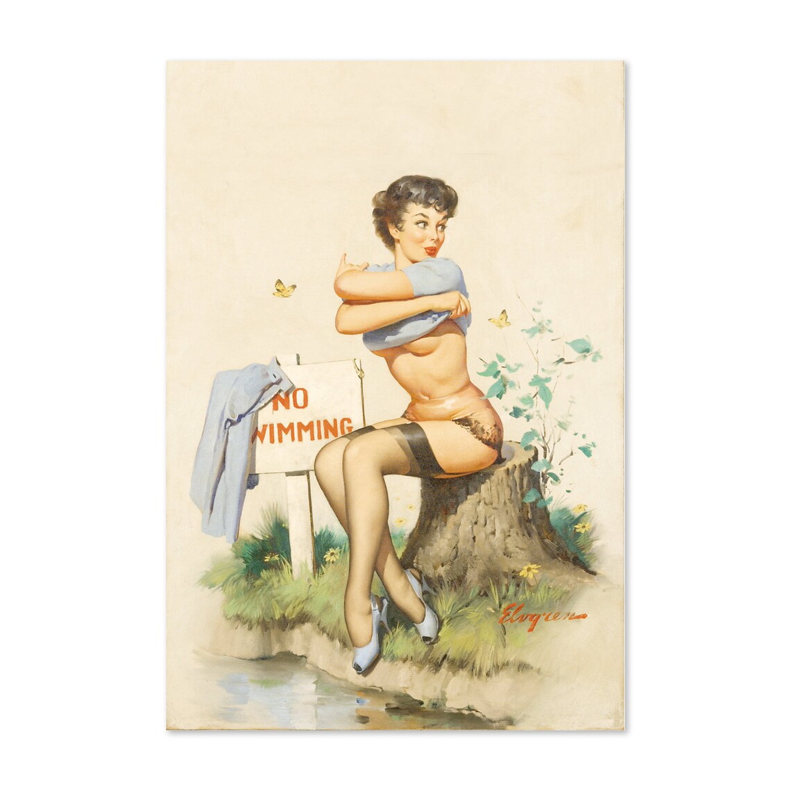 Gil Elvgren No Swimming Vintage Pin Up Girl by the Stream Poster