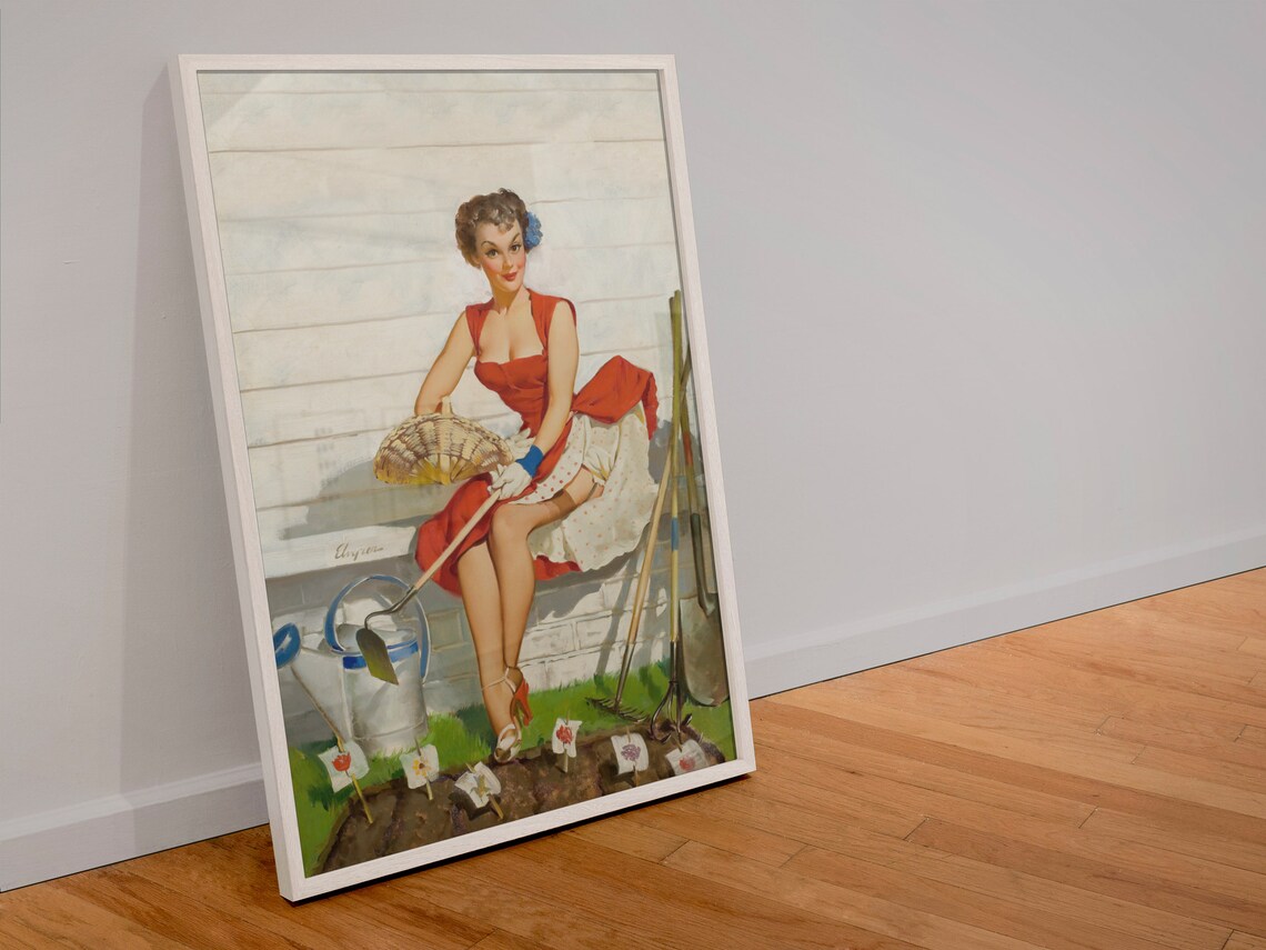 Elvgren Pin Up Gardener Girl Watering Can Vintage 1940s Art Poster - Image 4