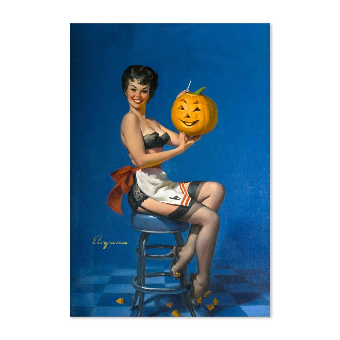 Elvgren Pin Up Girl Pumpkin Carving Halloween Jack o Lantern Poster