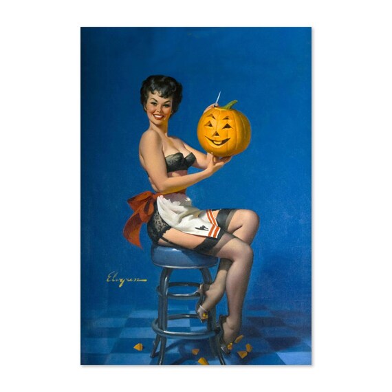 Elvgren Pin Up Girl Pumpkin Carving Halloween Jack o Lantern Poster