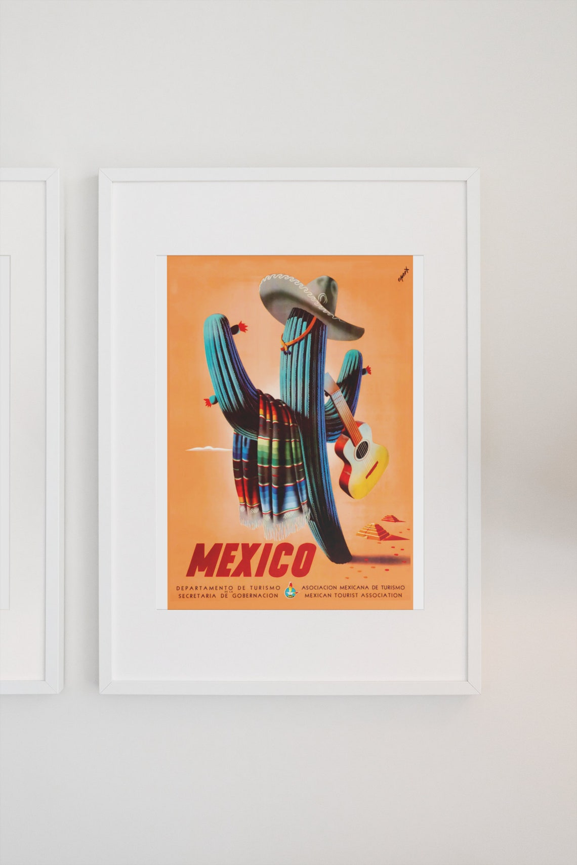 Mexico Saguaro Cactus Sombrero Guitar Tourist Vintage Poster - Image 3