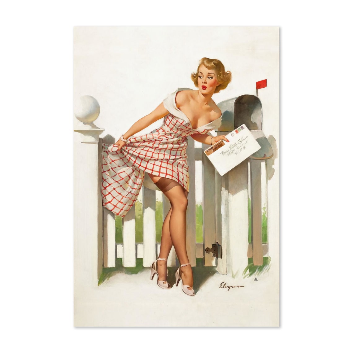 Elvgren Miss Sylvania Mishap Mailbox Pin Up Girl Vintage Art Poster