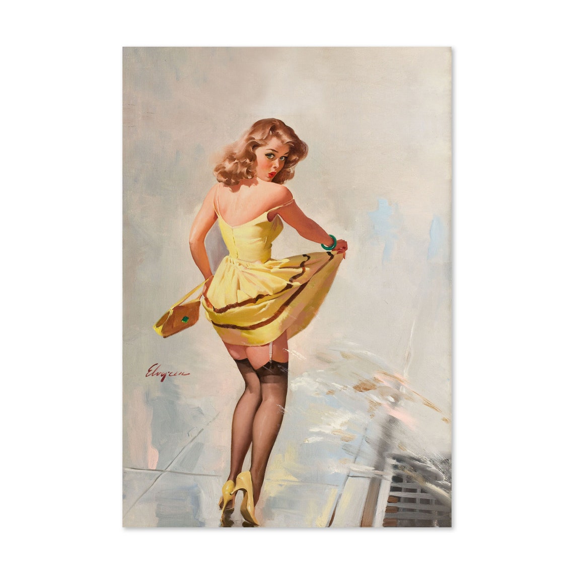 Gil Elvgren Dampened Doll Rainy Day Yellow Dress Pin-Up Poster