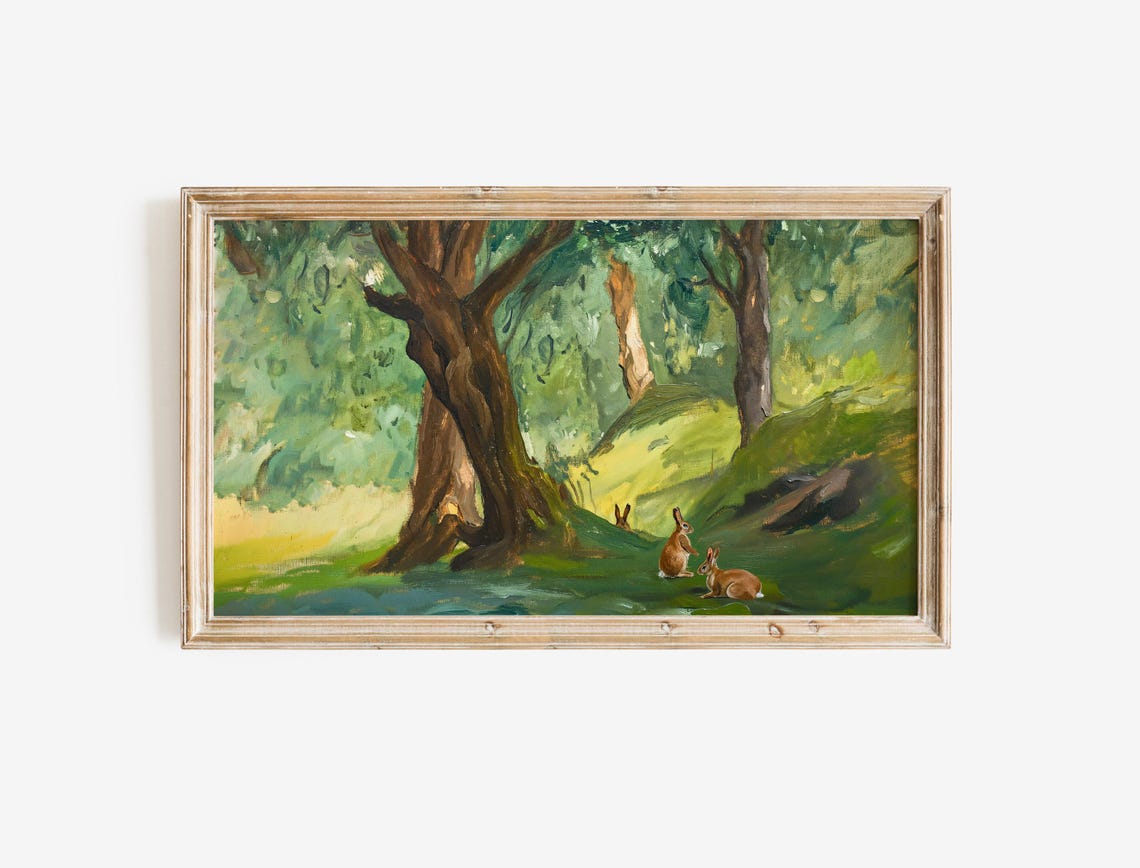 Green Spring Forest Rabbits Under Ancient Tree Vintage Painting Poster - Image 4