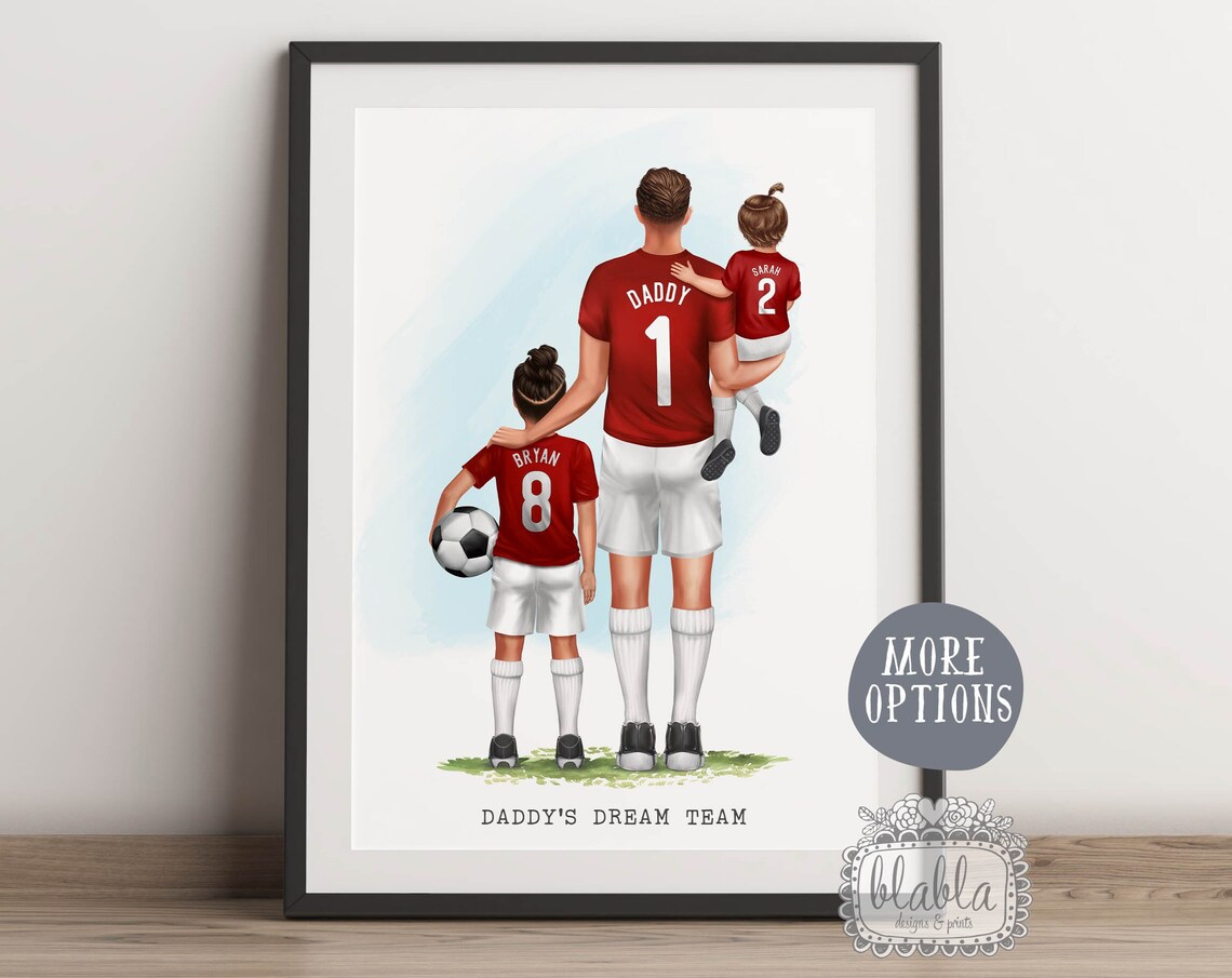 Daddy's Dream Team Dad and Kids Red Soccer Kit Family Portrait Poster