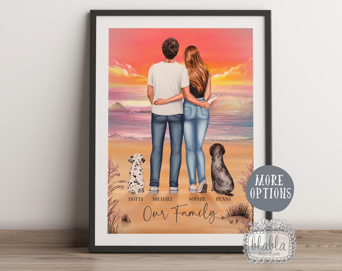 Our Family Beach Sunset Couple with Two Dogs Portrait Poster