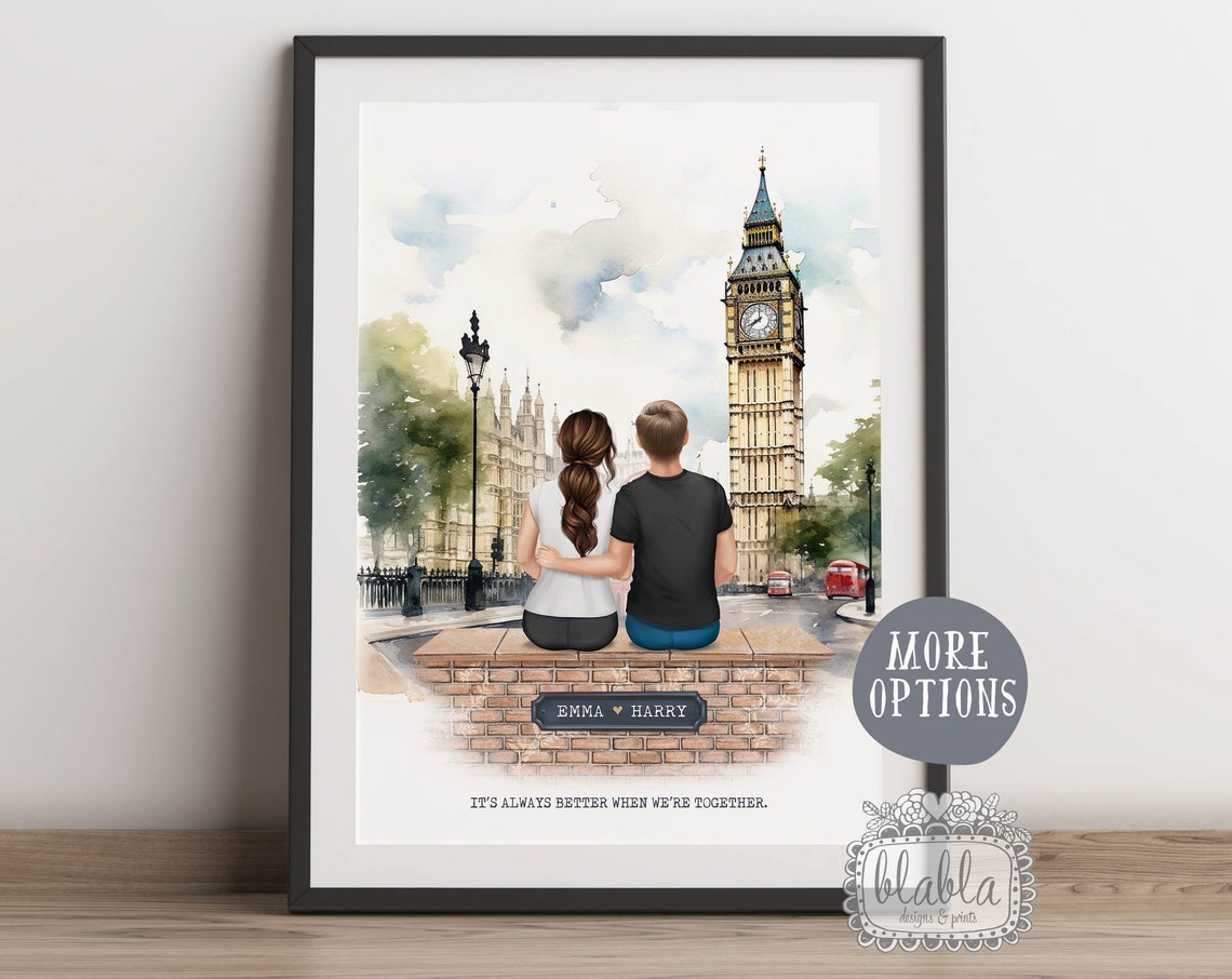 Big Ben London Watercolour Couple Personalised Keepsake Poster