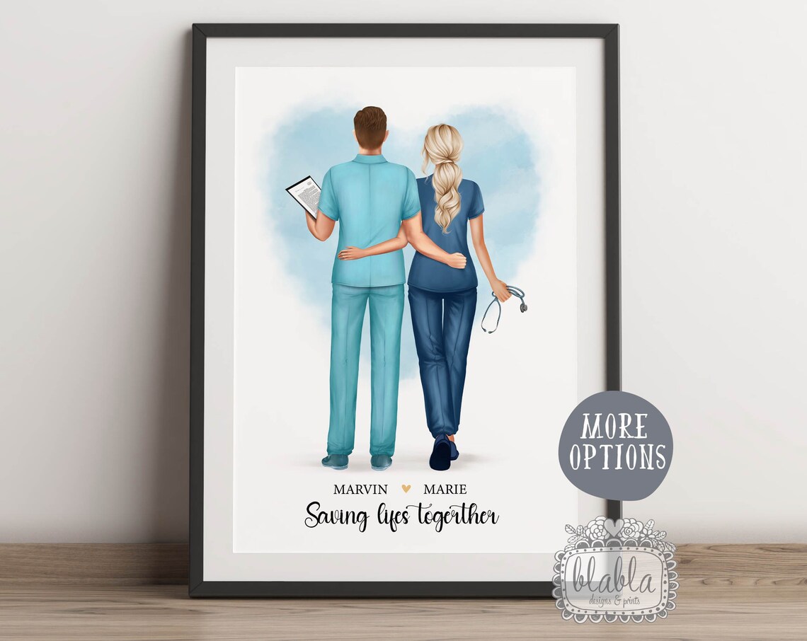 Personalised Doctor And Nurse Couple Scrubs Heartfelt Portrait Poster
