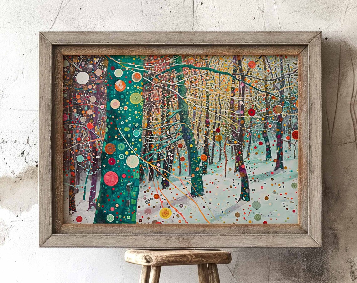 Whimsical Winter Forest Art Print, Abstract Snowfall