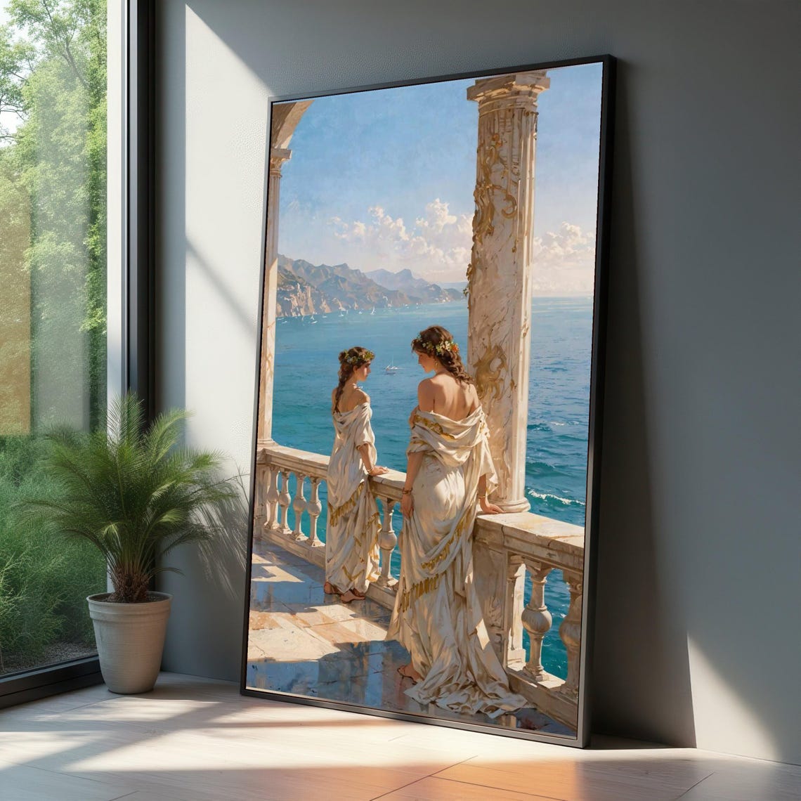 Classical Women White Robes Marble Balcony Seaside View Poster