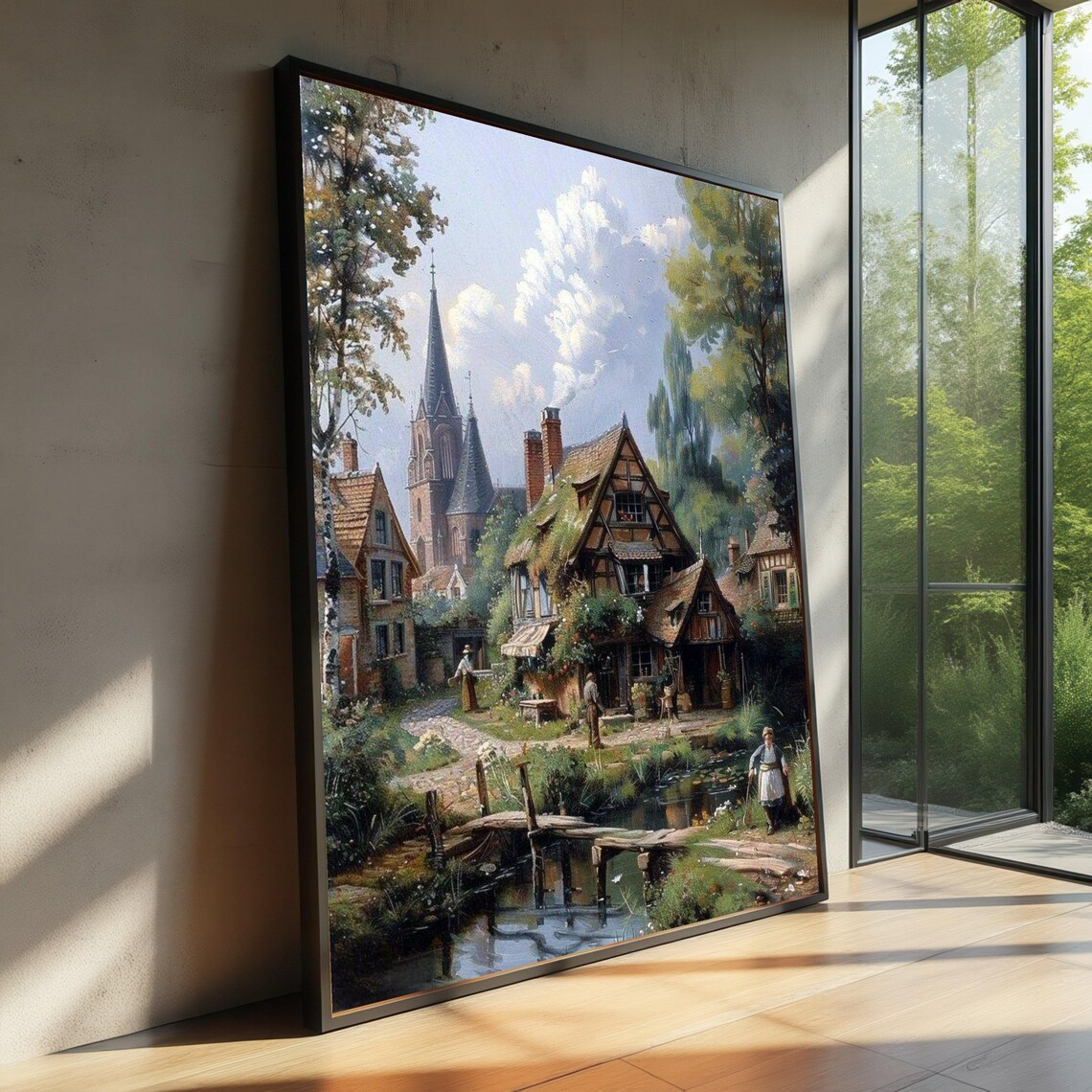 Charming European Countryside Cottage Village Church Scene Poster