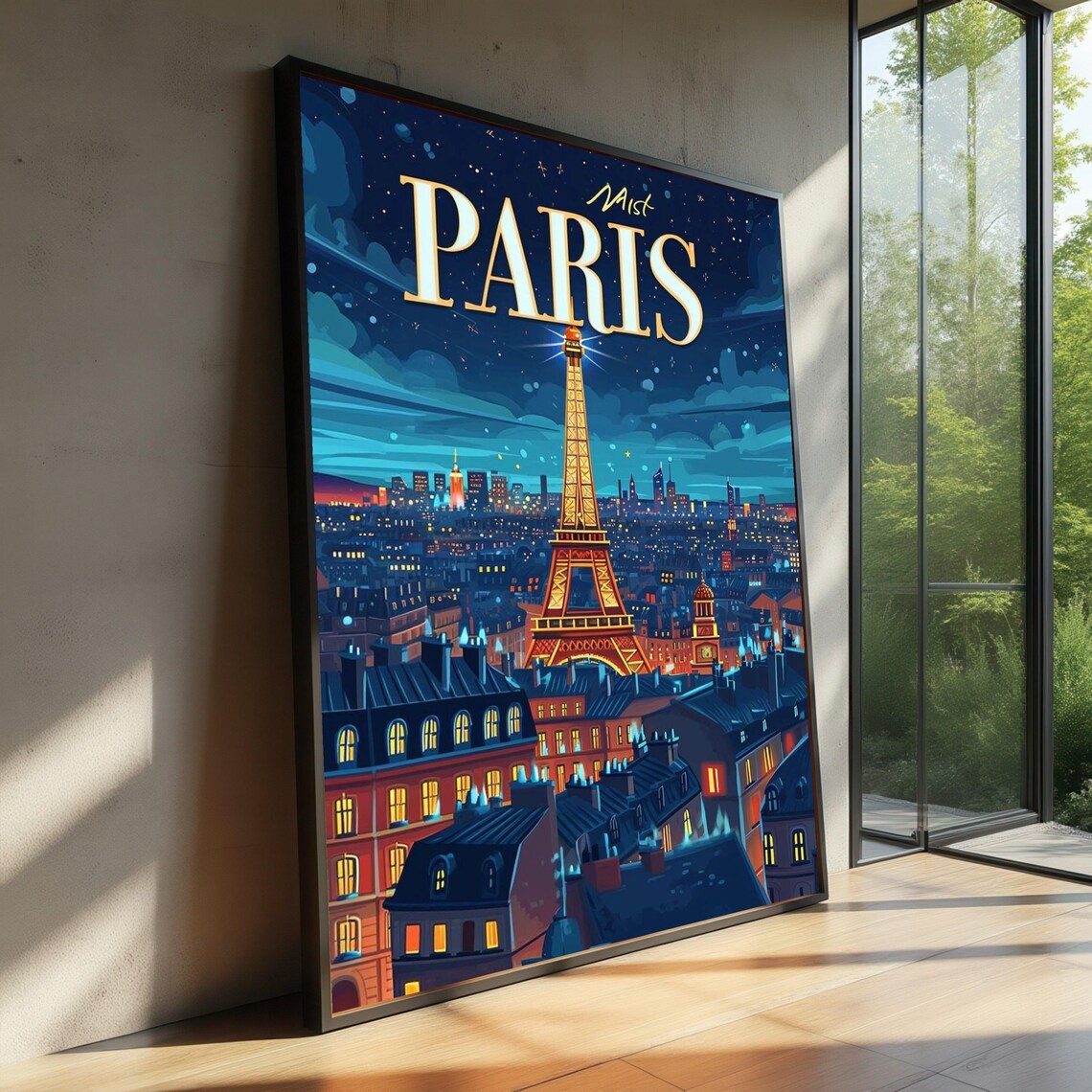 Paris France Eiffel Tower Night Skyline Vintage Style Travel Poster