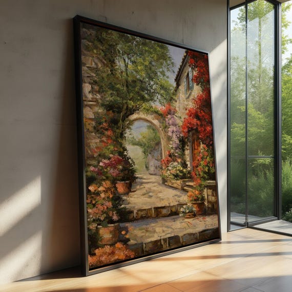 Charming European Alley Canvas Flowerladen Stone Pathway Rustic Village Wall Art Garden Archway Decoration Cozy Outdoor Scene