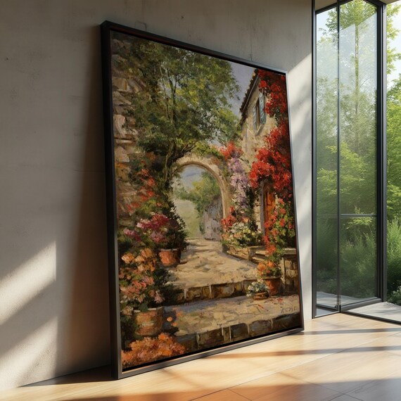 Charming European Alley Flower Laden Stone Path Village Wall Art