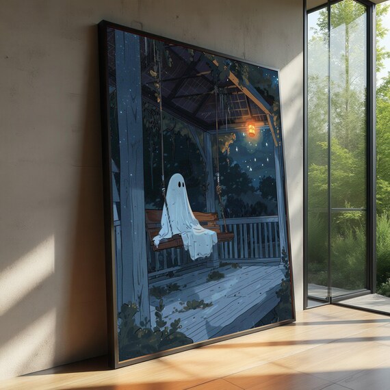 On Porch Swing Canvas Spooky Night Wall Art Halloween Home Decoration Moonlight Garden Scene Cozy Outdoor Vibe