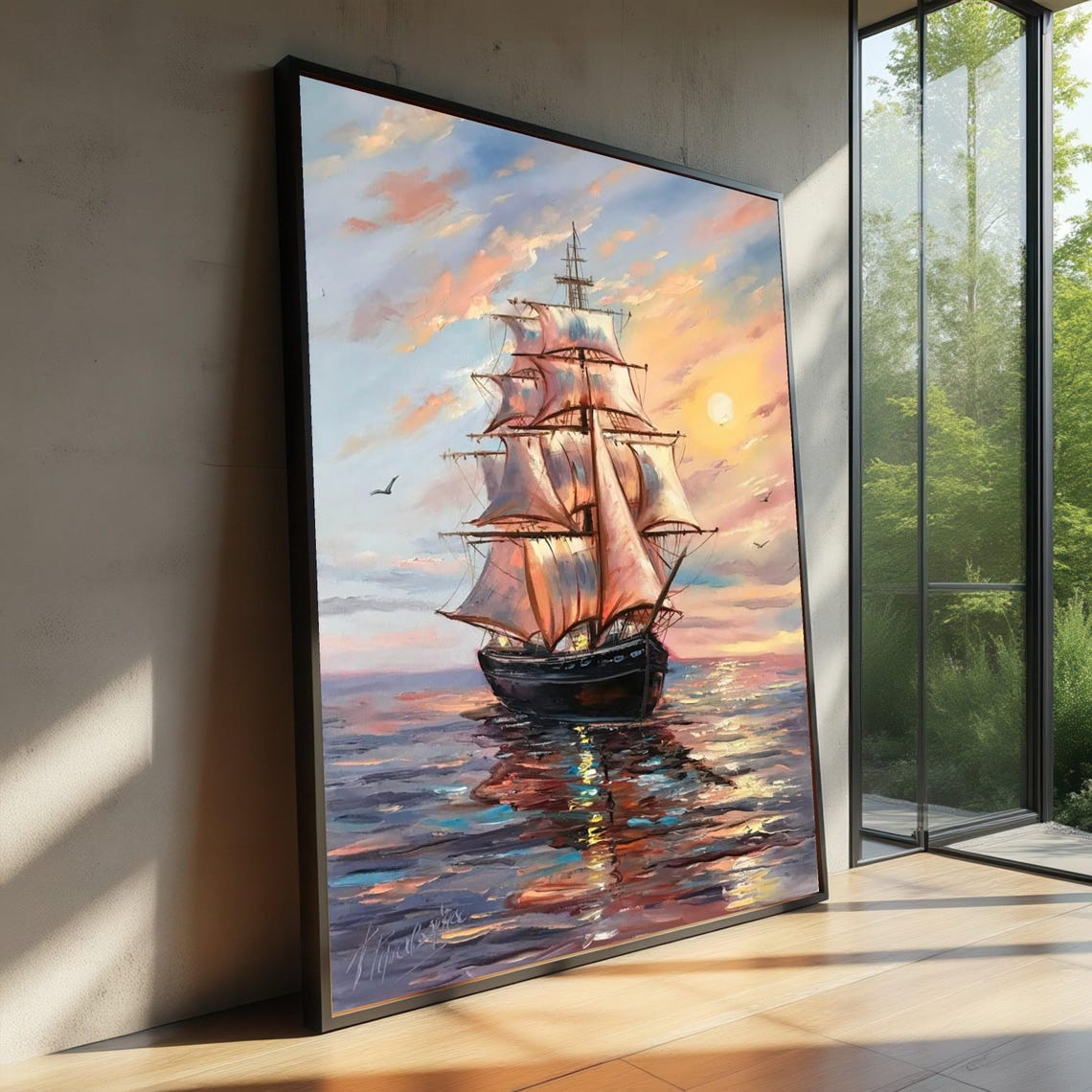 Tall Sailing Ship Sunset Voyage Classic Maritime Ocean Art Poster