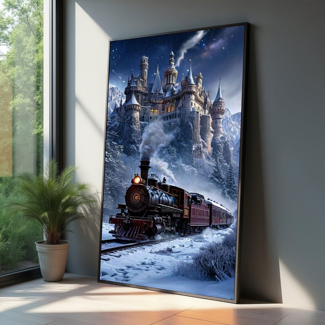 Winter Night Steam Train Racing Toward the Snowy Castle Wall Art