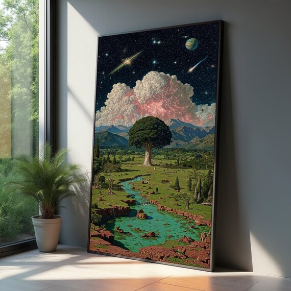 Surreal Landscape Canvas Cosmic Sky And Giant Tree Wall Art Fantasy Nature Scene Starry Night Forest Mystical Home Decoration