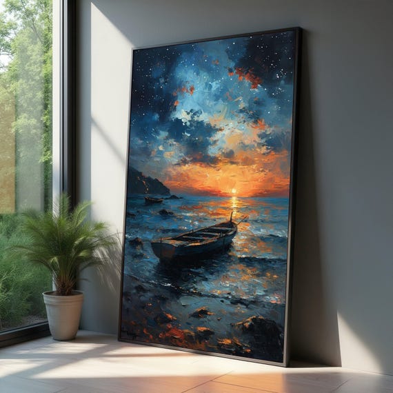 Tranquil Sunset Over Ocean Fishing Boat Canvas Seascape Wall Art Night Sky Stars Coastal Home Decoration Ready To Hang