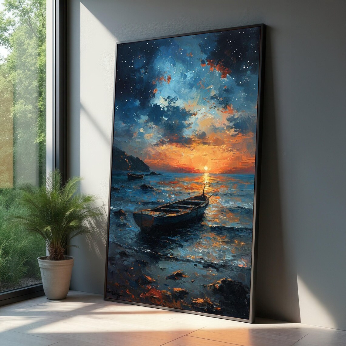 Golden Sunset Ocean Fishing Boat Starry Night Seascape Wall Art