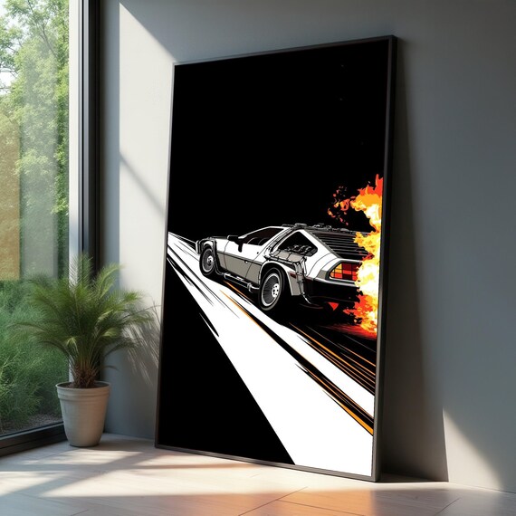 Retro Futuristic Car Canvas Wall Art Time Travel Sports Illustration Vintage Vehicle Modern Pop Culture Decor Fire Trail