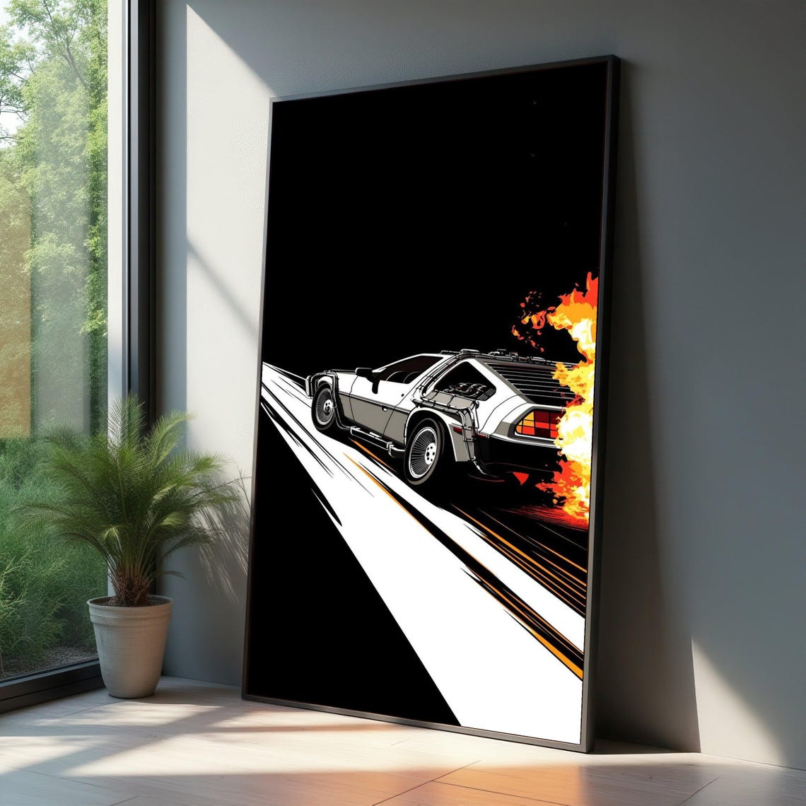 DeLorean Time Machine Retro Futuristic Car Flame Trails Art Poster