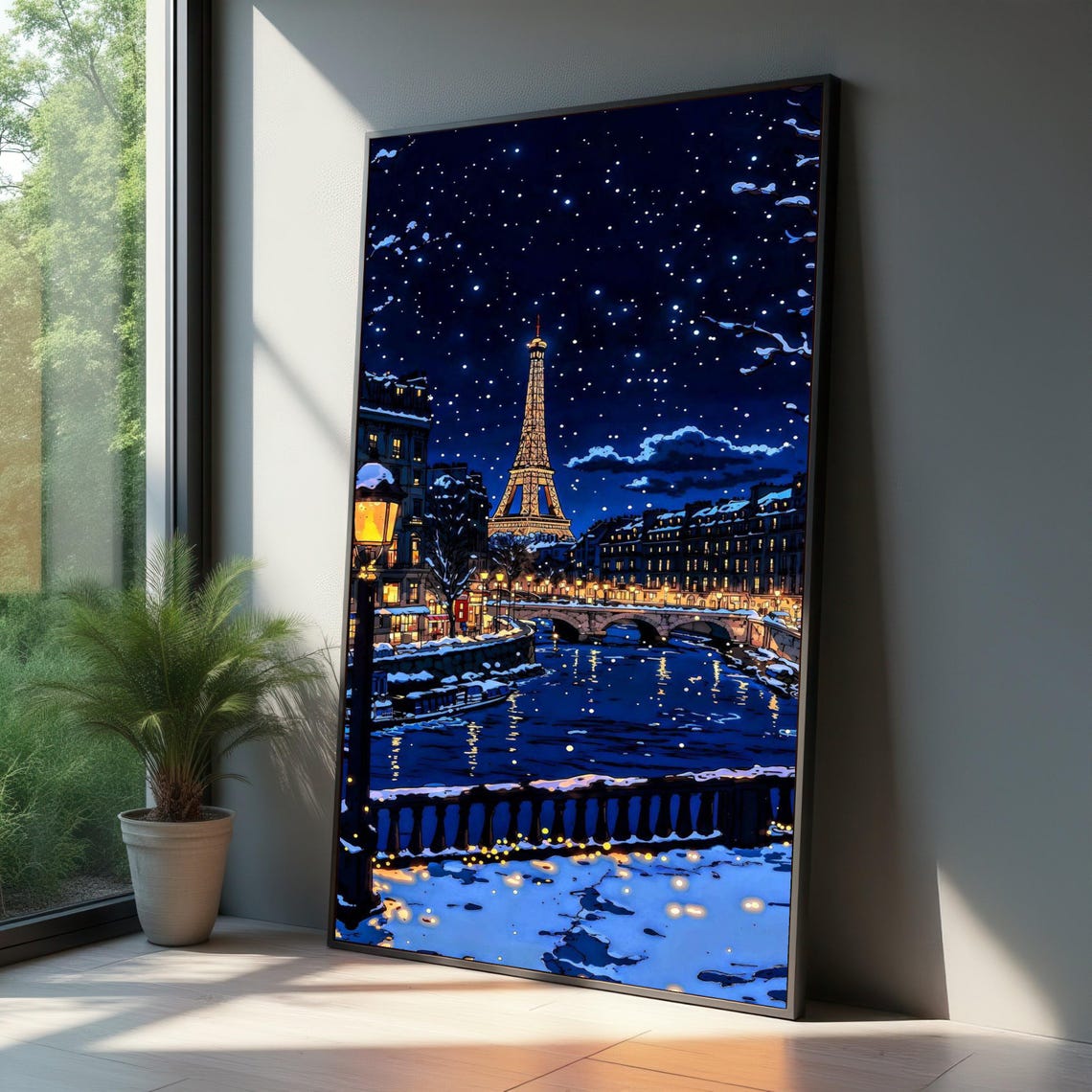 Paris Winter Night Eiffel Tower Snowy Seine Starry Sky Poster