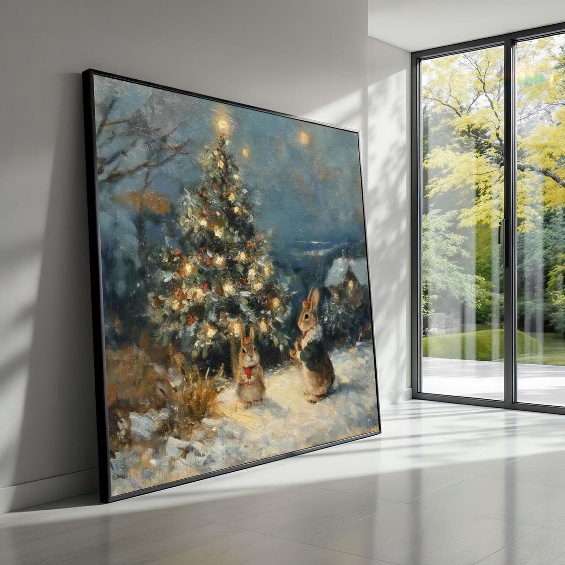 Christmas Rabbits by Lit Tree Snowy Night Impressionist Poster