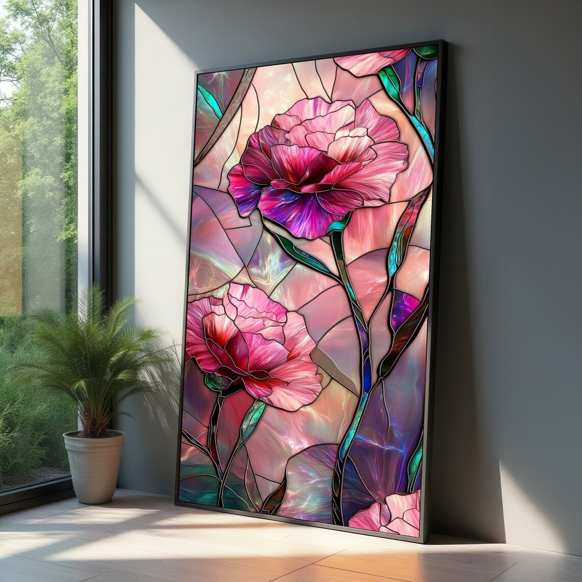 Pink Carnations Art Print, Stained Glass Effect