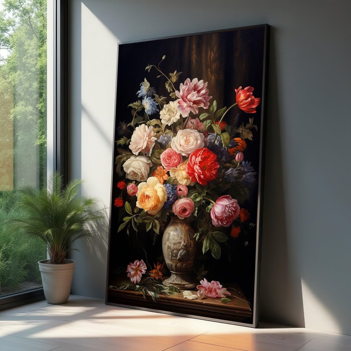 Dark Floral Still Life Vintage Roses Bouquet Oil Painting Wall Art