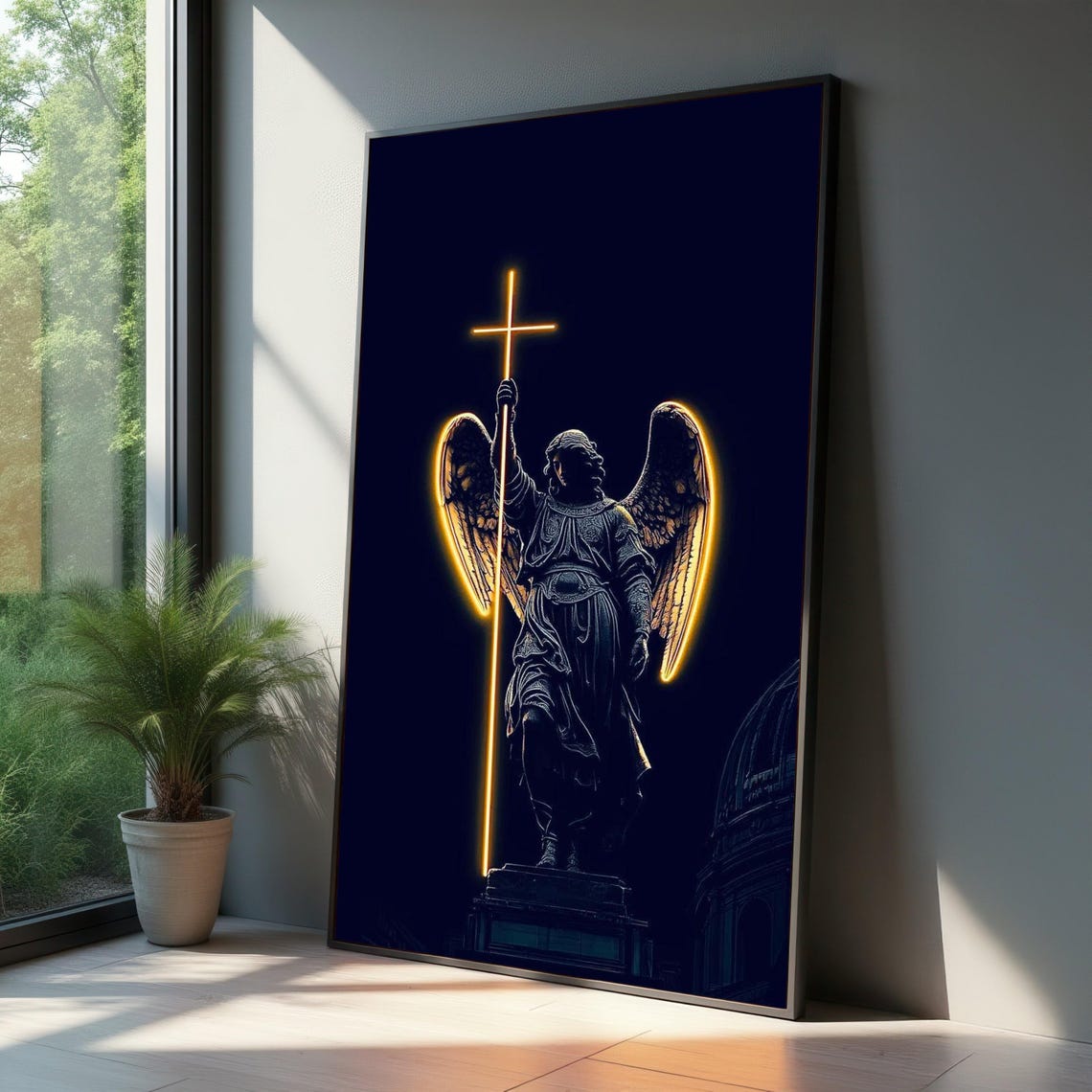 Neon Glowing Angel Statue Cross Dark Gothic Spiritual Wall Poster