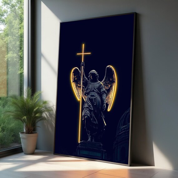 Illuminated Angel Statue Canvas Neon Cross Wall Art Religious Home Decor Spiritual Glow Gothic Silhouette Artwork
