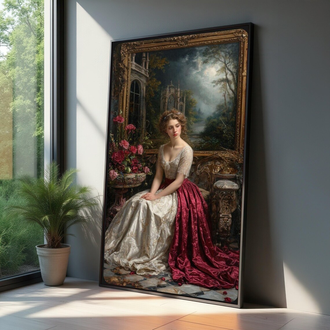 Elegant Victorian Lady Portrait Vintage Red Gown Oil Wall Art