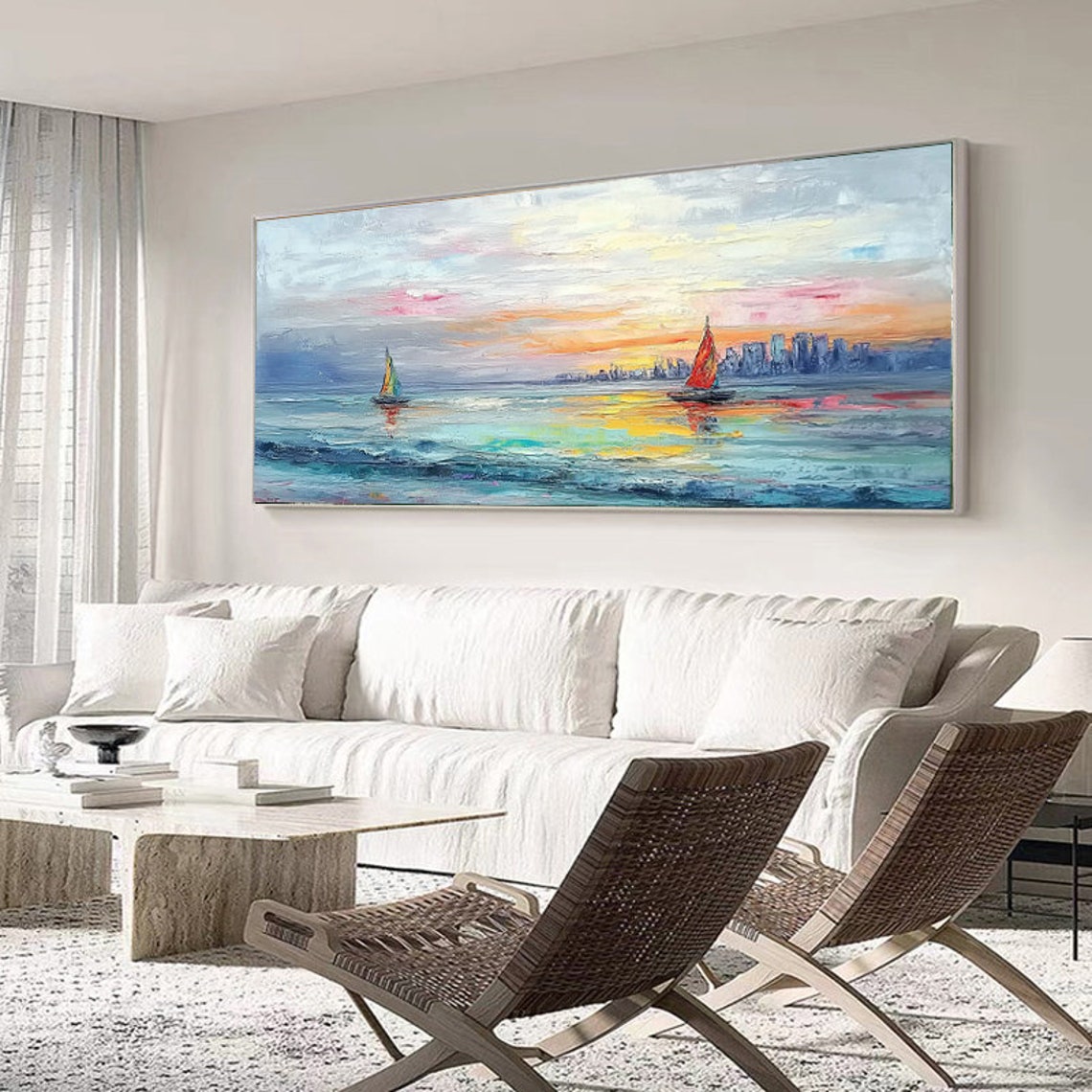 Peaceful Sunset Sailboats Drifting by a City Skyline Harbor Poster - Image 5
