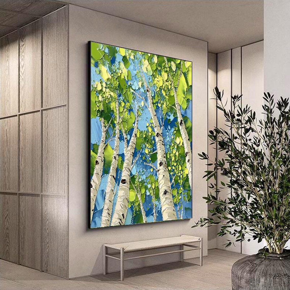 Abstract Landscape Painting Grey Sky And Lake With Pine Tree Reflections Textured Wall Art For Living Room Entryway Dining Room - Image 2