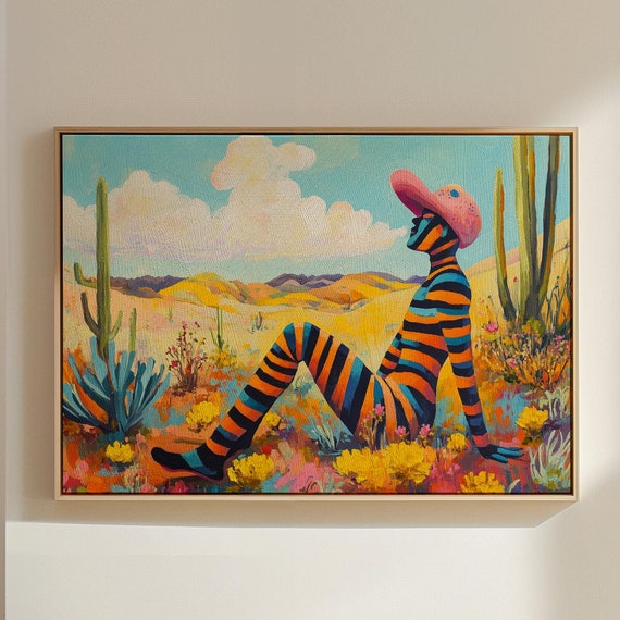 Vibrant Desert Landscape With Striped Figure In A Pink Hat Bold And Colorful Surrealist Painting For Modern Wall Art Print