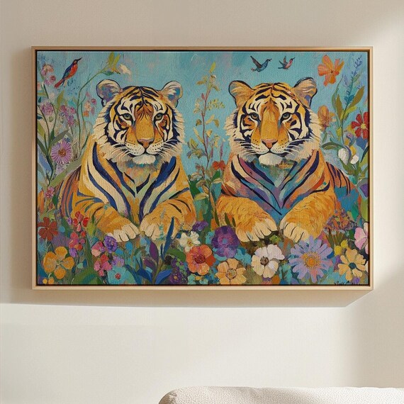 Majestic Tiger Duo Colorful Wildflowers Vibrant Wildlife Illustration Poster