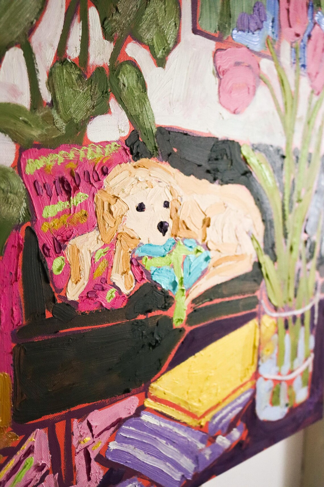 Hibernation Sleeping Golden Puppy Tulips Cozy Oil Painting Art Print - Image 2