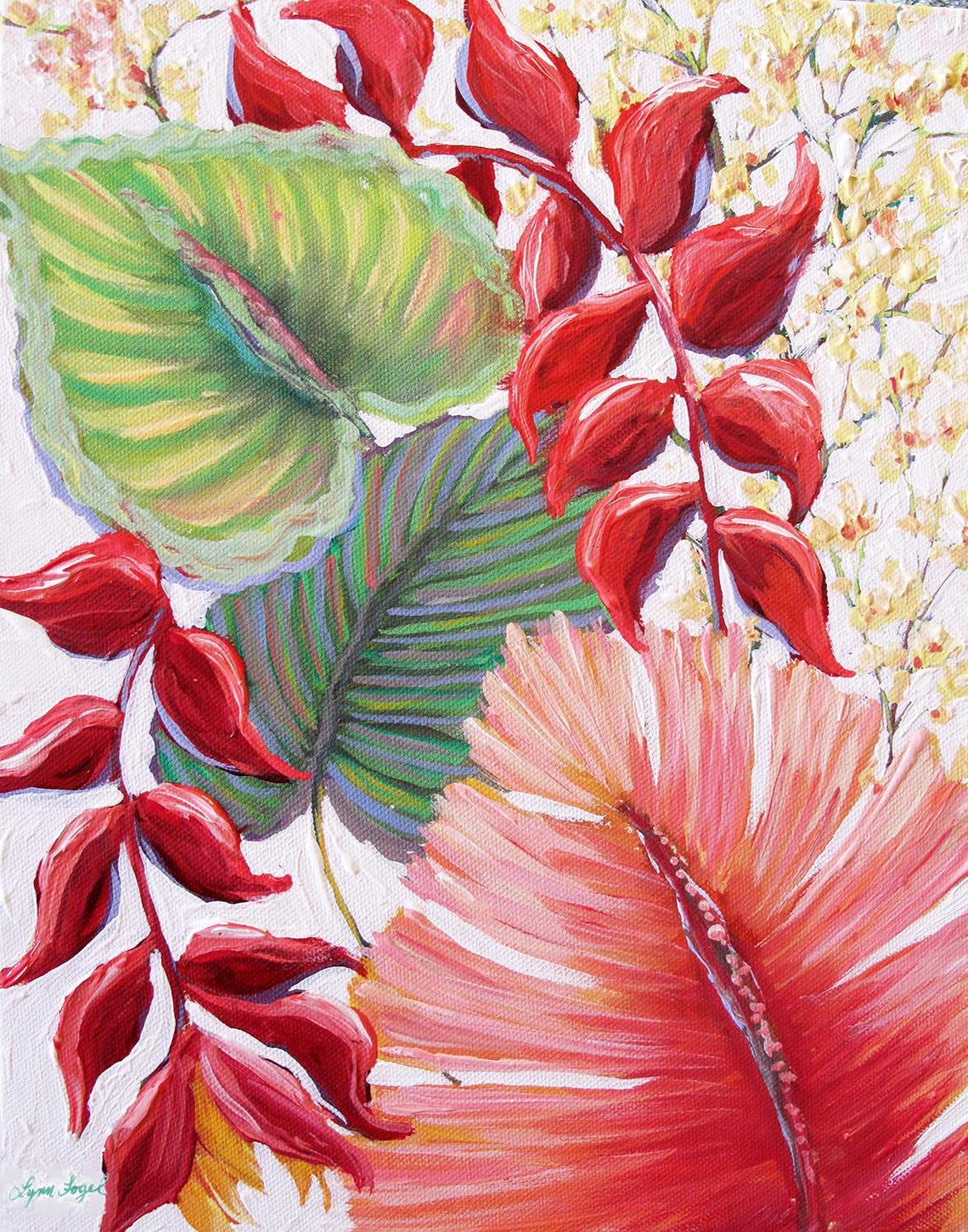 Tropical Flowers Red Blooms Green Leaves Botanical Painting Poster