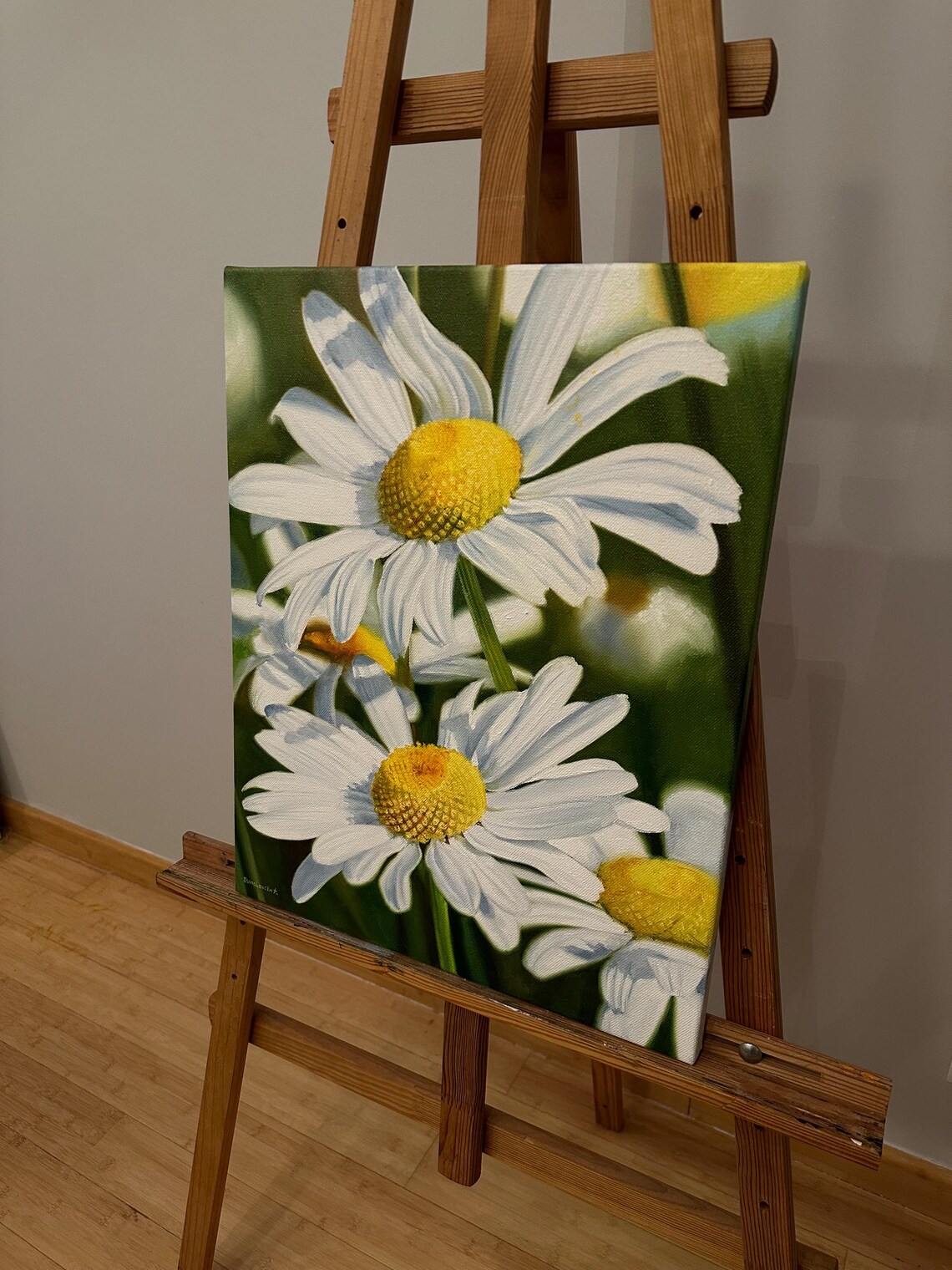 White Daisies Yellow Centers Green Garden Framed Oil Wall Art - Image 2
