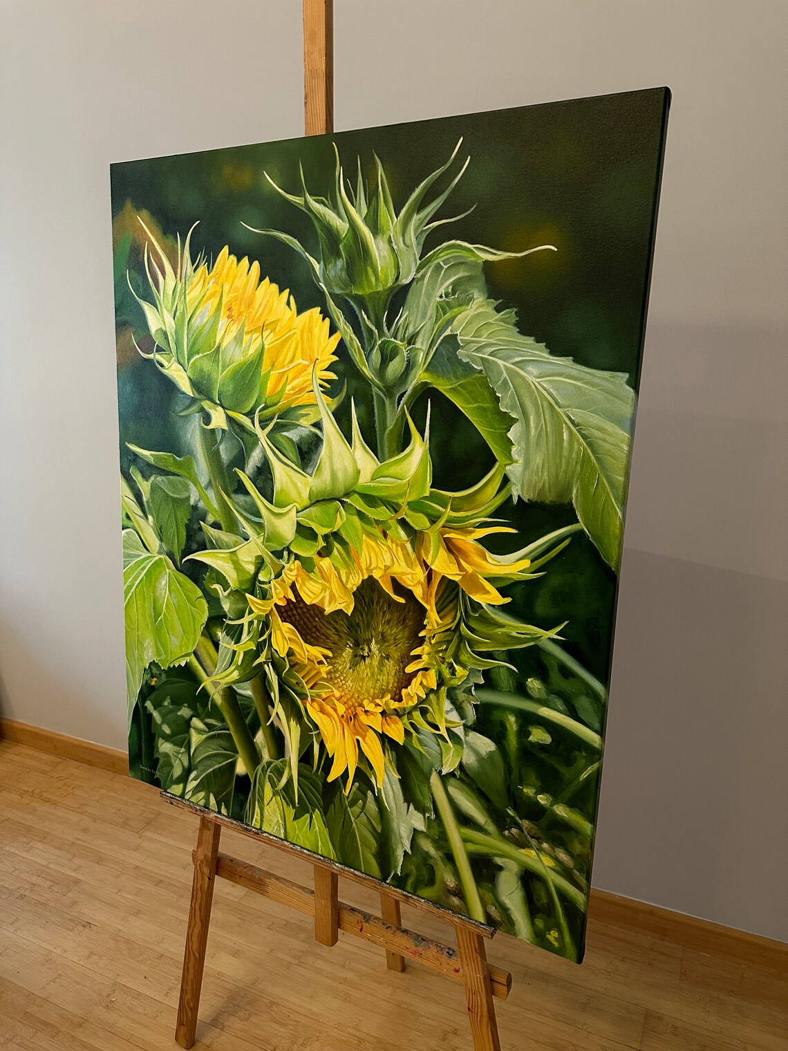 Yellow Sunflower Blooms Green Buds Dark Garden Realistic Oil Wall Art - Image 2