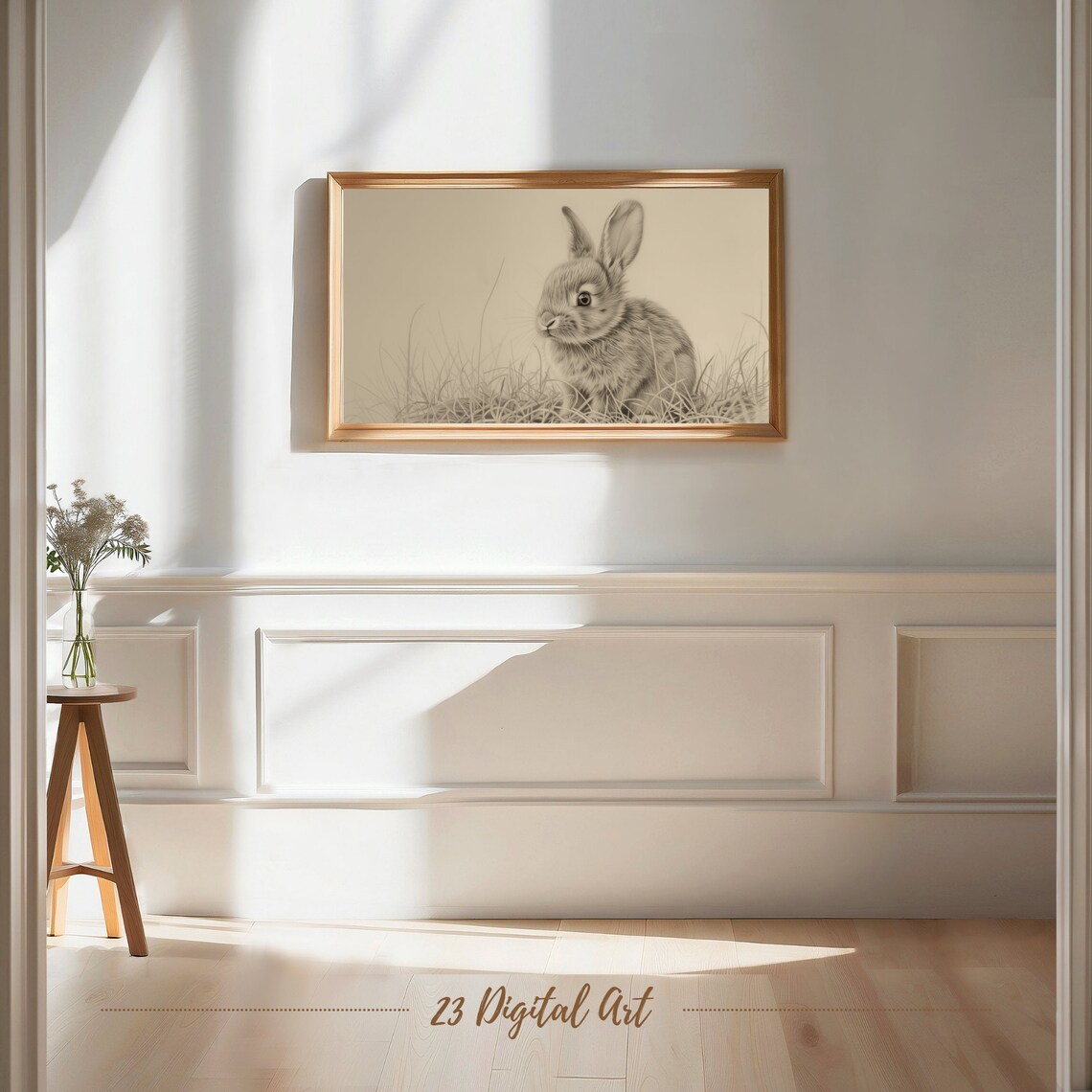 Bunny Rabbit Sketch Sepia Grass Vintage Pencil Drawing Frame TV Art Poster - Image 7