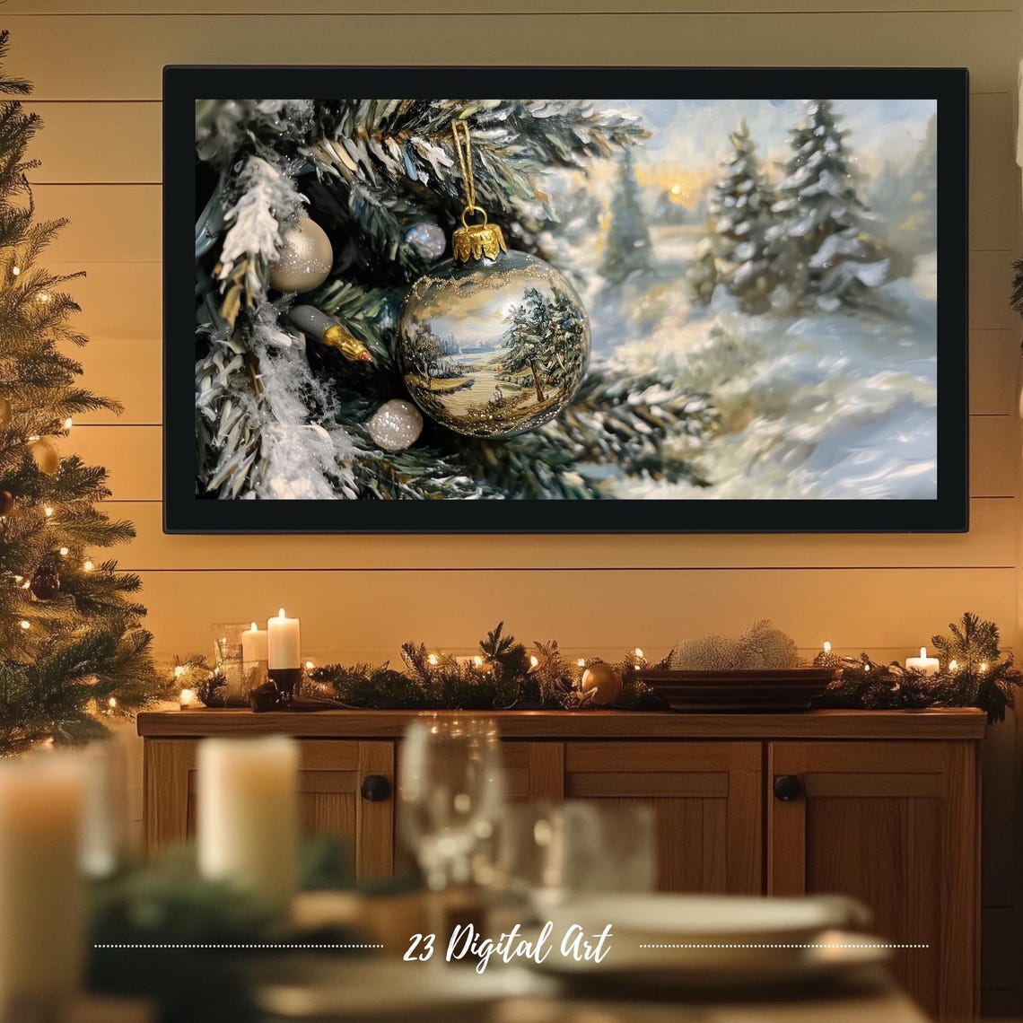 Frame Tv Art Christmas White Ornaments Tv Screensaver Rustic Vintage Holiday Holly Xmas Tv Screensaver Neutral Farmhouse Winter Art 153 - Image 5