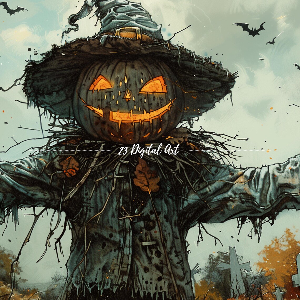 Halloween Pumpkin Head Scarecrow Glowing Jack-o-Lanterns Spooky Graveyard Poster - Image 6